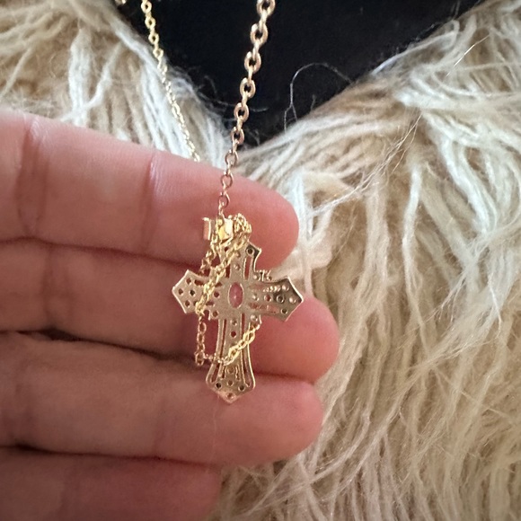 Cubic Zirconia Multi-Color Cross a Faux Gold 15..7” to 17.7” Adjustable Chain - Picture 6 of 7